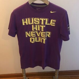 Nike Purple Tee with Yellow Motivational Graphic hustle hit never quit